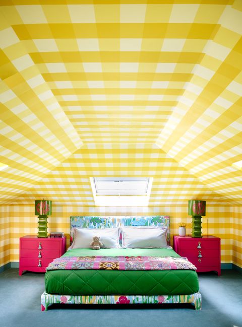 bedroom, room, wall, green, furniture, wallpaper, bed, yellow, bed frame, interior design,