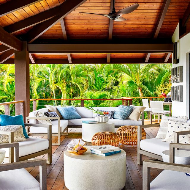 vacation home in maui, hawaii designed by breeze giannasio interiors upper lanai sofa and chairs rh tables crate barrel ottomans danish design store pillows ciscohome turquoise, rh lumbars, etsy diamond pattern, hollywood at home cream fan circa lighting