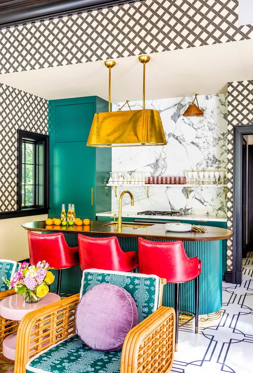 charlotte lucas kitchen with red bar stools