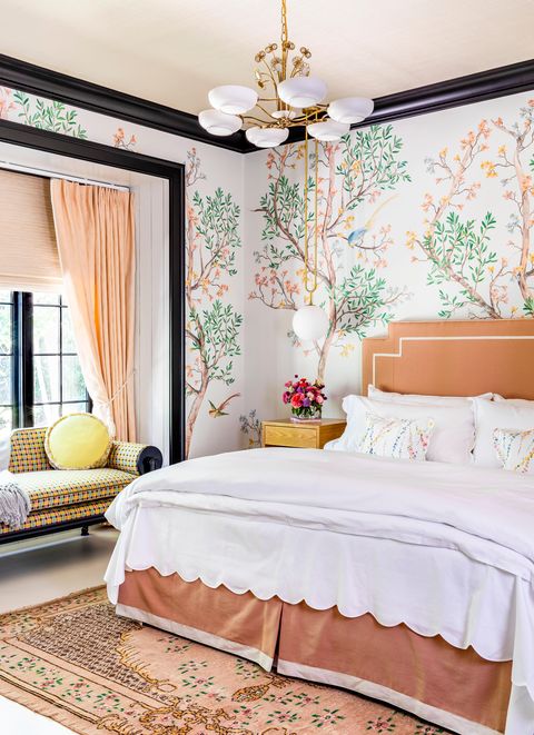 charlotte lucas bedroom with floral wallpaper