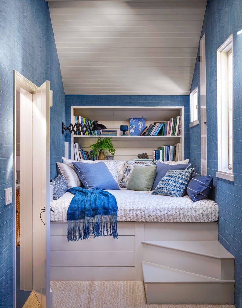 Interior designer Jeffrey Alan Marks' American Colonial Revival-style home near Butterfly Beach in Montecito, California. The bedroom reading nook has fabrics by Jeffrey Alan Marks and Clavet art by Donald Robinson.