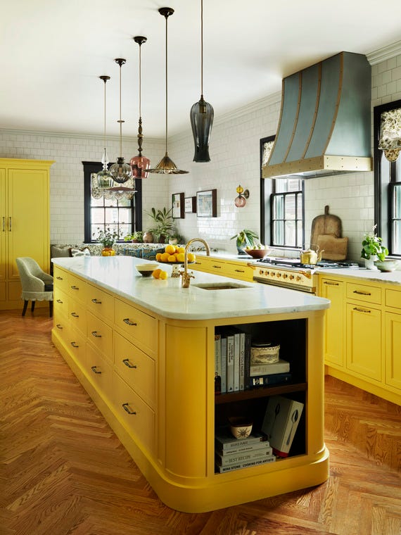 1919 brookline\, massachusetts\, home designed by cecilia casagrande of casagrande studio yellow painted kitchen pendants, rothschild  bickers cabinetry paint, hannah banana, benjamin moore