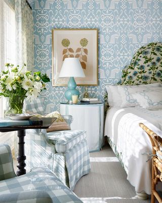 Room, Blue, Bedroom, Furniture, Interior design, Green, Wall, Property, Turquoise, Wallpaper, 