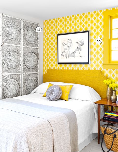Bedroom, Yellow, Room, Bed, Wall, Furniture, Bed frame, Wallpaper, Interior design, Duvet cover, 