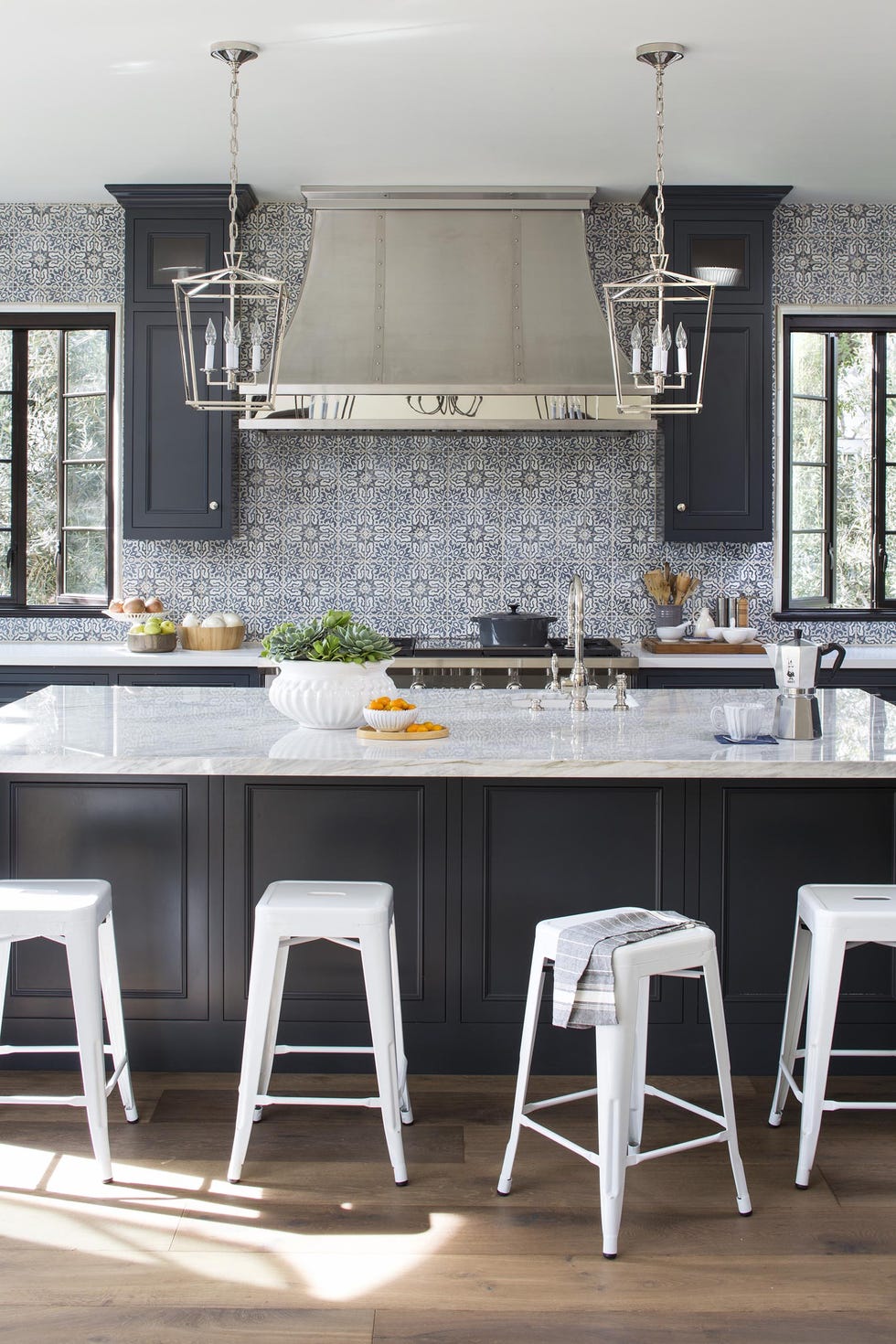 kitchen interior, backsplash, island, bar stools