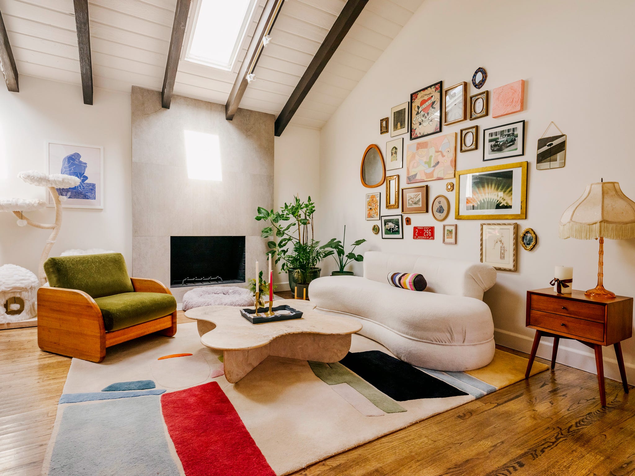 a living room with a fireplace