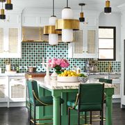Room, Green, Furniture, Interior design, Turquoise, Kitchen, Dining room, Property, Building, Ceiling, 