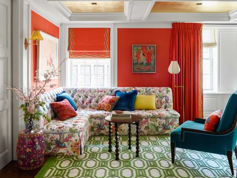 Living room, Room, Furniture, Interior design, Property, Red, Couch, Curtain, Wall, Orange, 