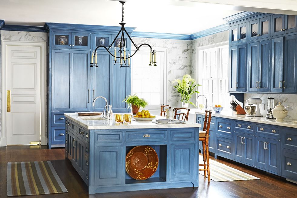 Countertop, Cabinetry, Furniture, Room, Kitchen, Blue, Interior design, Property, Home, Lighting, 