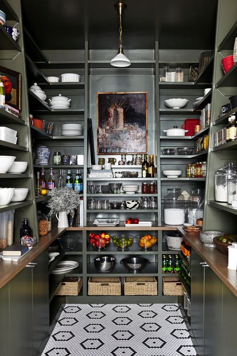 green pantry with open shelves