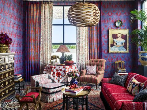 Living room, Room, Interior design, Furniture, Red, Property, Curtain, Wall, Window treatment, Building, 