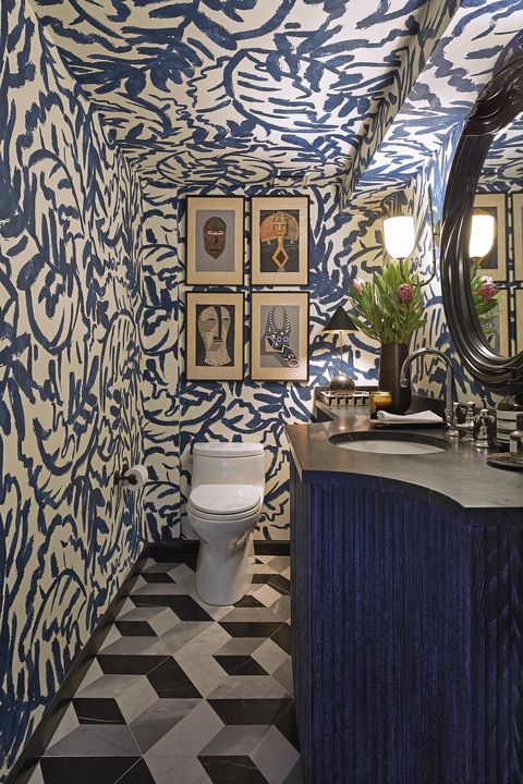 powder room, black gray tiles, white and blue wallpaper