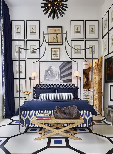 bedroom, blue linen sheets, gallery art wall
