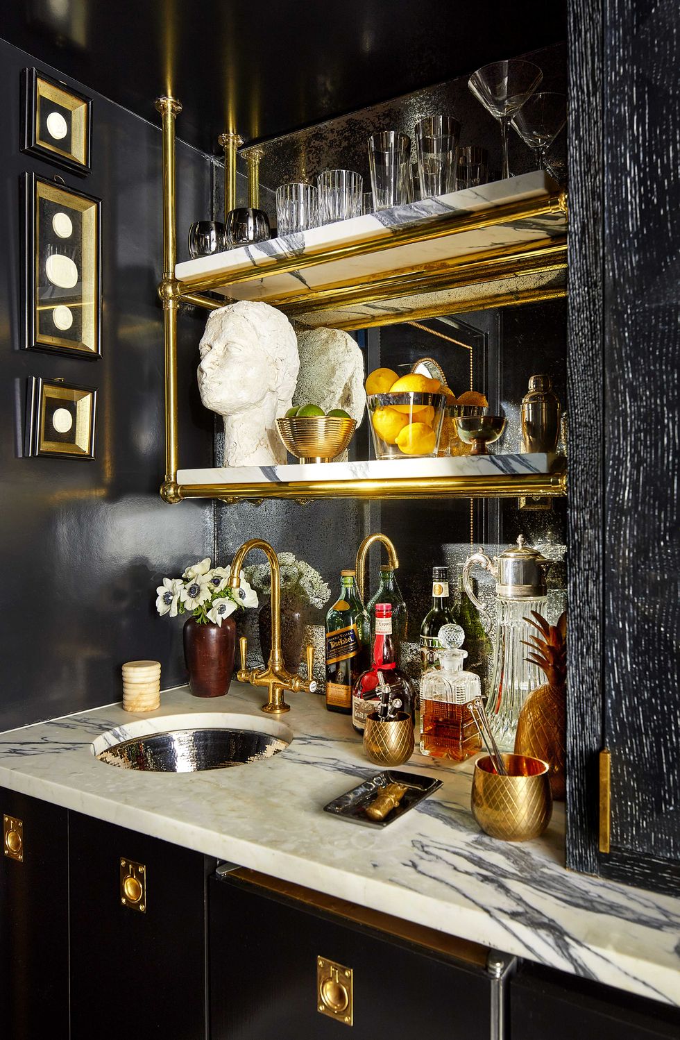 wet bar, black cabinets,  gold hardware