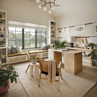 home office, wooden deck, wooden lounge chairs, window seat, white storage cabinets