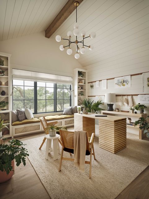 home office, wooden deck, wooden lounge chairs, window seat, white storage cabinets