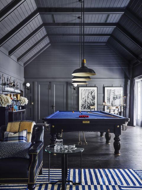 pool table, blue pool table, blue and white stripped rug