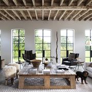barn, wood ceiling, dog, white walls, beams