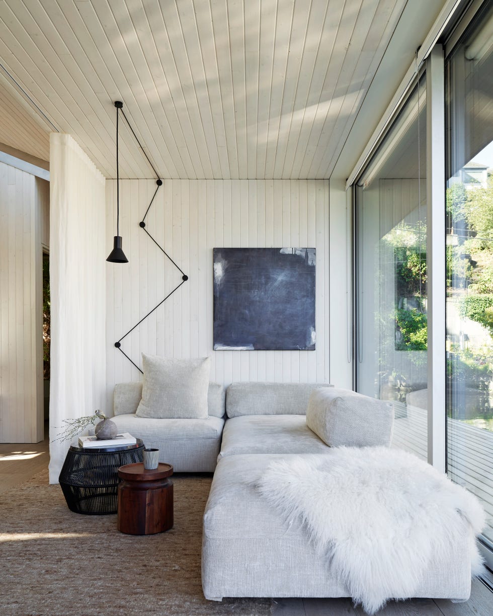 living room, gray sofa couch, white throw rug