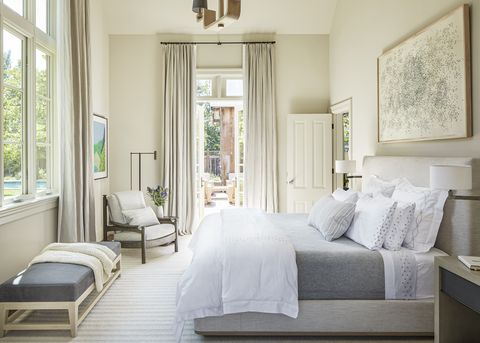 bedroom, white and gray linen, gray seat
