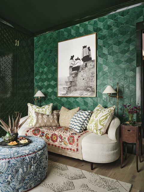 reading nook, reading sofa, green wallpaper, green and blue decorative cushions