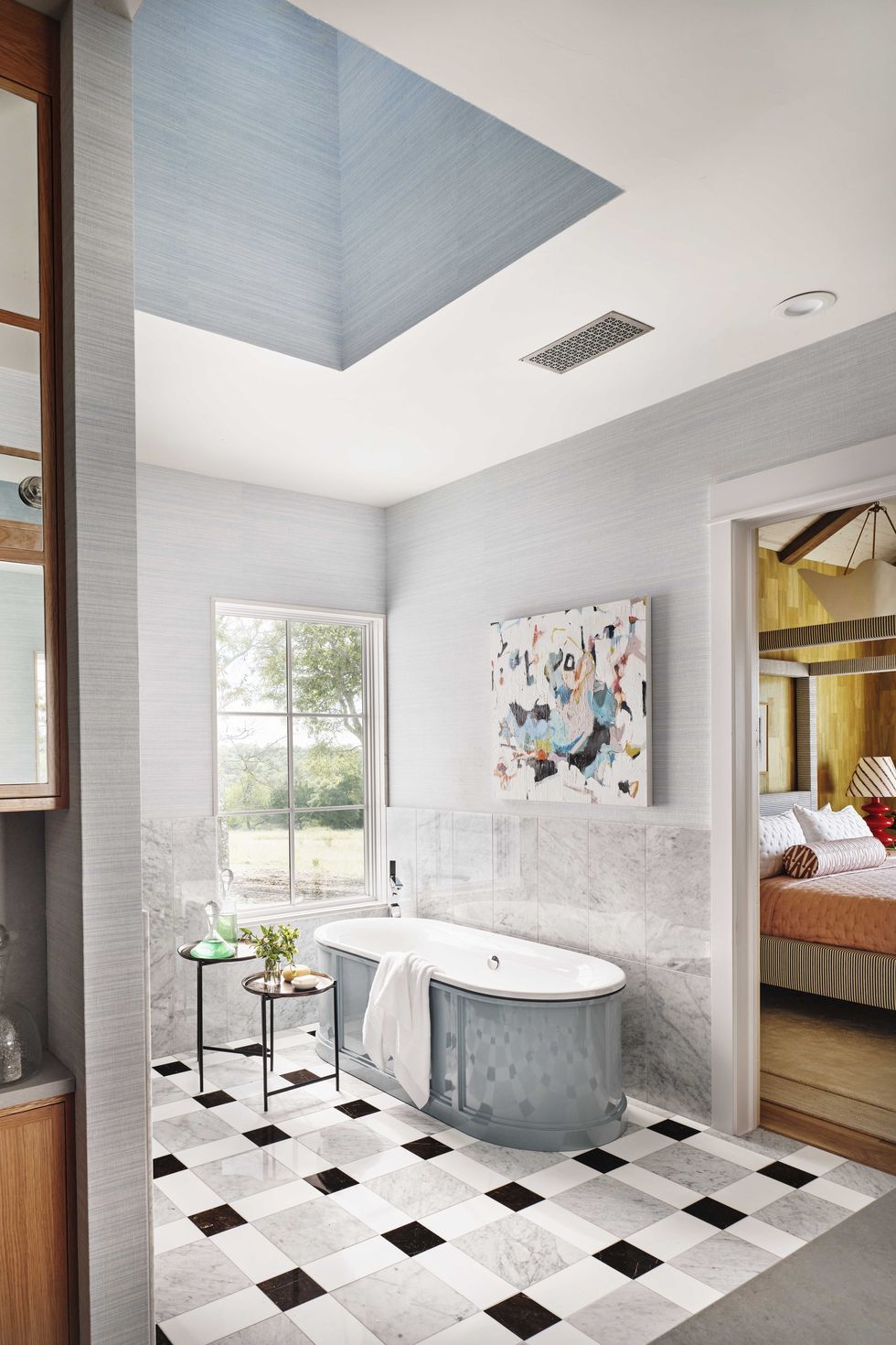 black, white and gray tiles, bath tub, square wall tiles, wall art