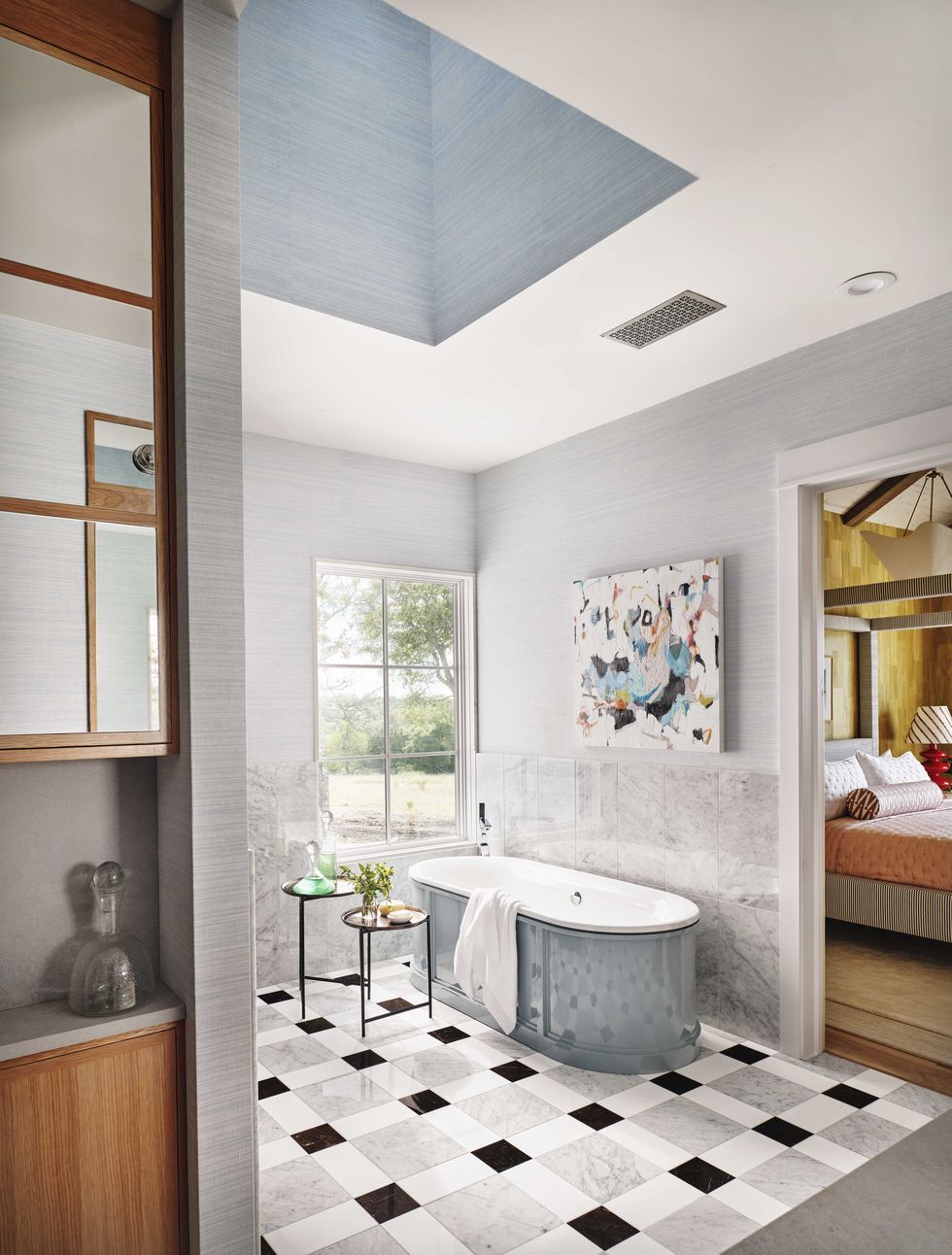 black, white and gray tiles, bath tub, square wall tiles, wall art