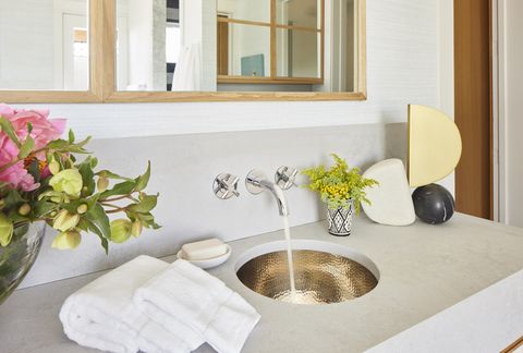 bathroom vanity, faucet, gold sink