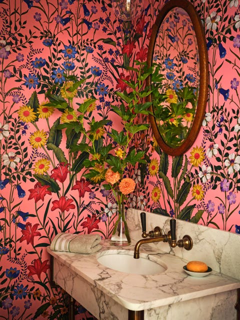 floral wall paper guest bath