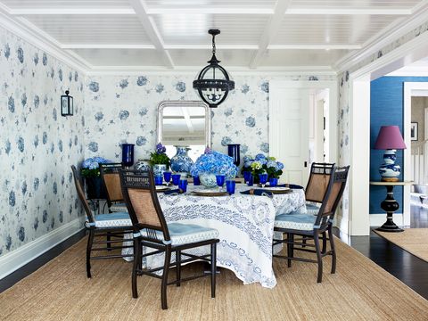 blue and white dining room wallpaper