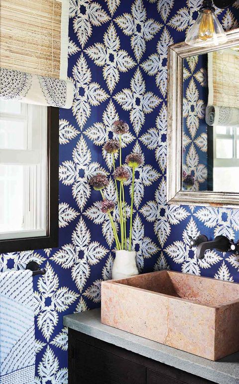 Blue, Wallpaper, Room, Wall, Living room, Interior design, Tile, Curtain, Pattern, Design, 