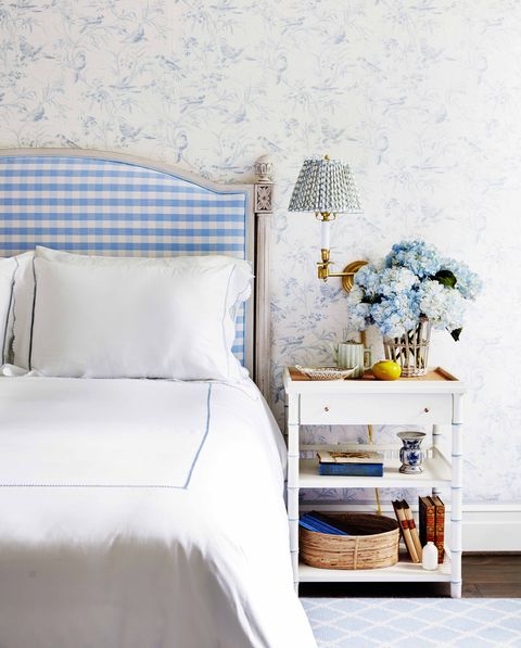 Bedroom, Blue, Furniture, White, Bed, Room, Wall, Interior design, Nightstand, Yellow, 