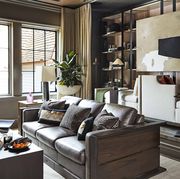 Living room, Furniture, Room, Interior design, Property, Building, Home, Table, Shelf, House, 
