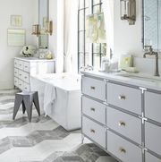 Bathroom, Room, White, Furniture, Property, Interior design, Tile, Floor, Bathroom cabinet, Yellow, 