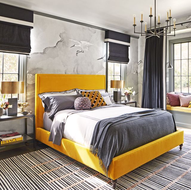 Bedroom, Furniture, Bed, Room, Interior design, Bed frame, Yellow, Bed sheet, Property, Floor, 