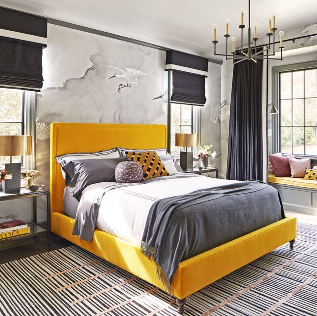 Bedroom, Furniture, Bed, Room, Interior design, Bed frame, Yellow, Bed sheet, Property, Floor, 