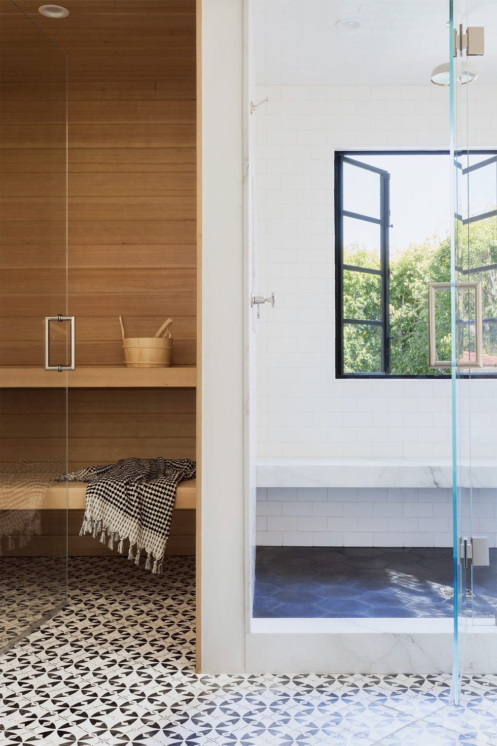 a bathroom with a glass door