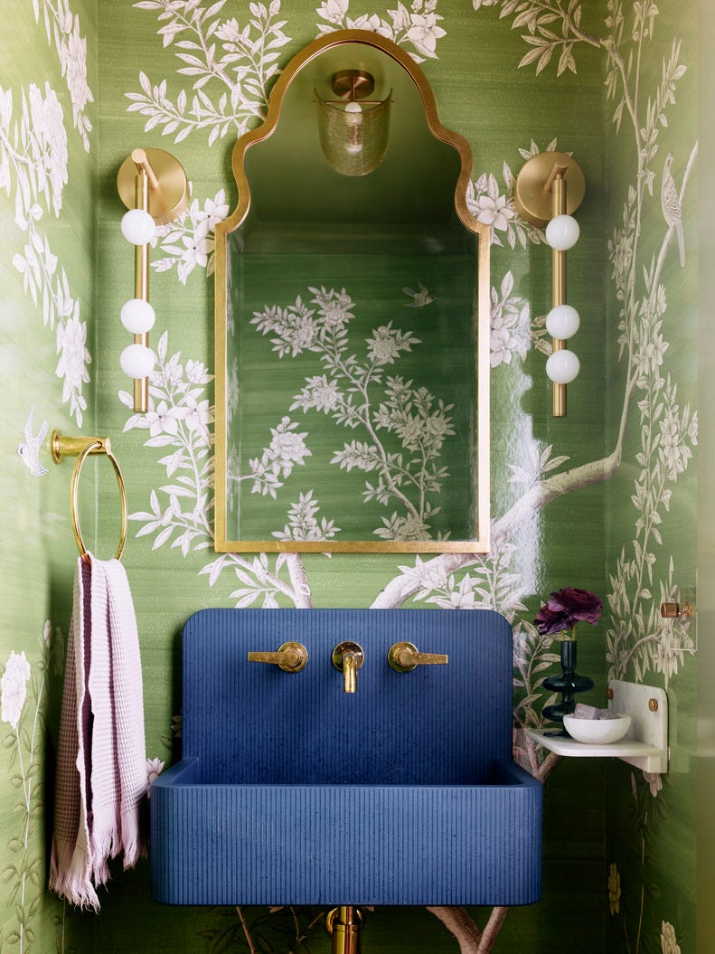 powder room the timeless gracie wallpaper was the inspirational jumping off point for this showstopper sink kast concrete basins sconces lindsey adelman studio green botanical wallpaper, blue sink, floral print, tree wallpaper roaring gap, north carolina vacation home designed by liz carroll interiors architect clark tate colorful design