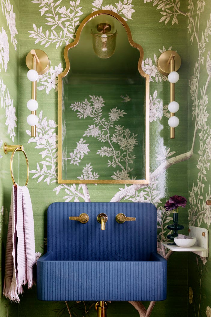 powder room the timeless gracie wallpaper was the inspirational jumping off point for this showstopper sink kast concrete basins sconces lindsey adelman studio green botanical wallpaper\, blue sink\, floral print\, tree wallpaper roaring gap, north carolina vacation home designed by liz carroll interiors architect clark tate colorful design powder room the timeless gracie wallpaper was the inspirational jumping off point for this showstopper sink kast concrete basins sconces lindsey adelman studio green botanical wallpaper\, blue sink\, floral print\, tree wallpaper roaring gap, north carolina vacation home designed by liz carroll interiors architect clark tate colorful design