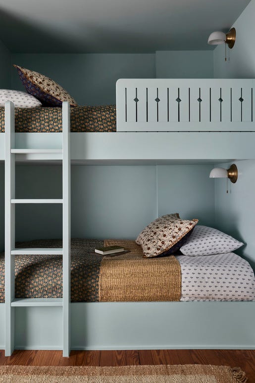 bunk room, guest room, kid's room, sleepovers blue paint summer shower, benjamin moore sconces schoolhouse bedding garnet hill rug serena lily quiet time warm tones and natural textures took this indiana home from cavernous to cozy warm neutrals, williams creek, indiana, georgian style residence, natural materials, wood accents bunk room, guest room, kid's room, sleepovers blue paint summer shower, benjamin moore sconces schoolhouse bedding garnet hill rug serena lily quiet time warm tones and natural textures took this indiana home from cavernous to cozy warm neutrals, williams creek, indiana, georgian style residence, natural materials, wood accents