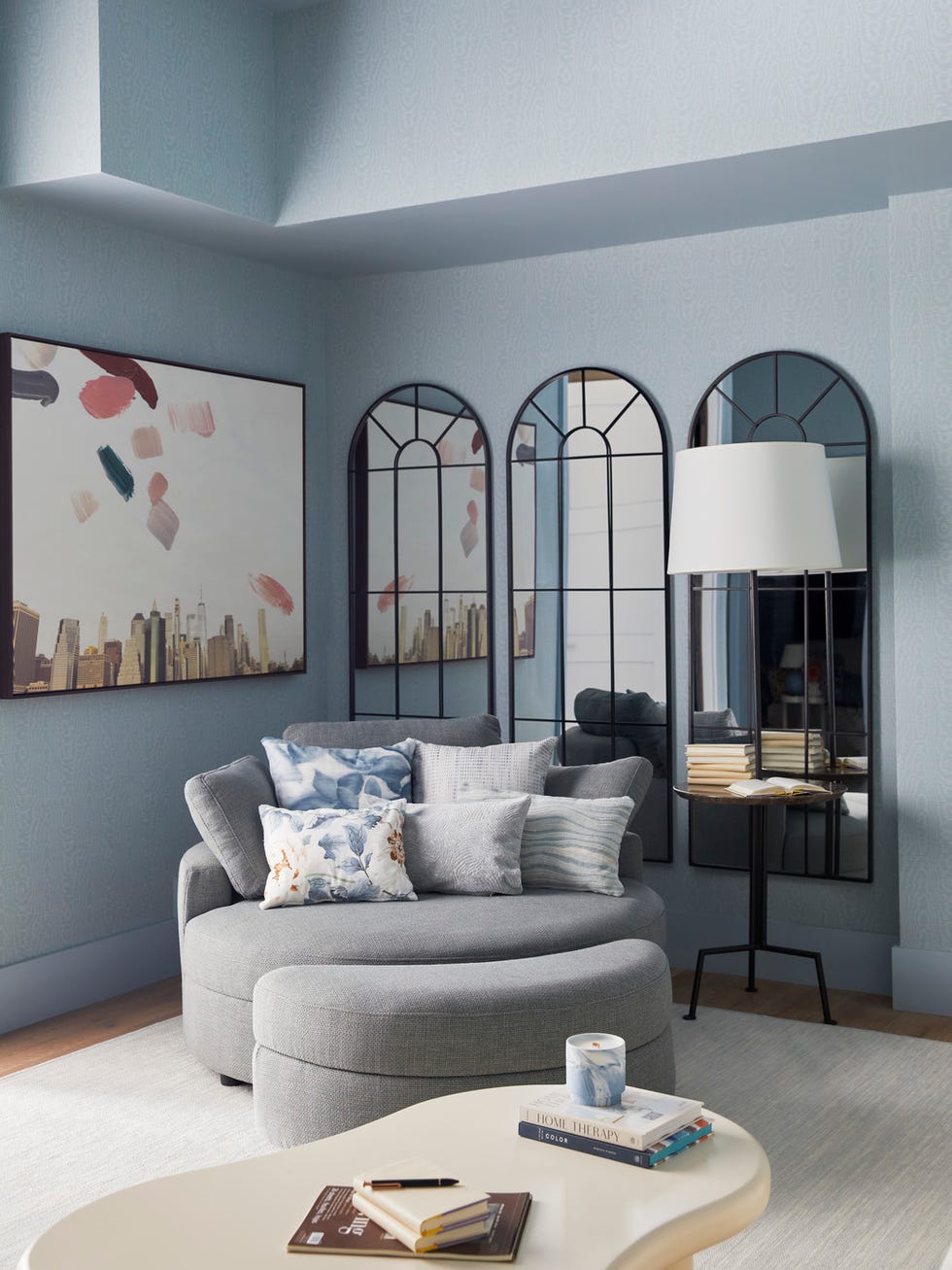 the studio anita yokota anitayokota relaxation room, muted colors reading corner yokota added a triptych of mirrors to amplify light behind the reading chair furniture and accessories wayfair professional art jinseikou, from minted floor lamp visual comfort co rug fibreworks whole home 2024 this energy efficient home is in the conservation minded community of sprout, located on a private nature preserve in hendersonville, north carolina