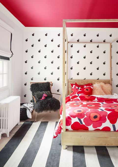Bedroom, Room, Red, Interior design, Furniture, Bed, Pink, Property, Bed frame, Wall, 