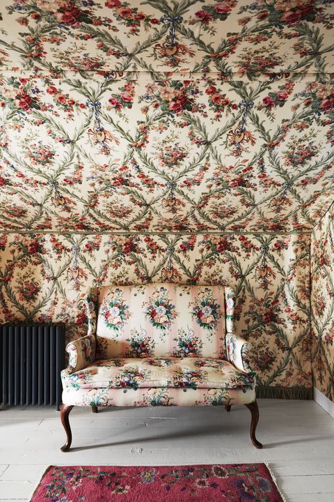 Furniture, Wallpaper, Room, Interior design, Couch, Wall, Living room, Pattern, Tapestry, Chair, 