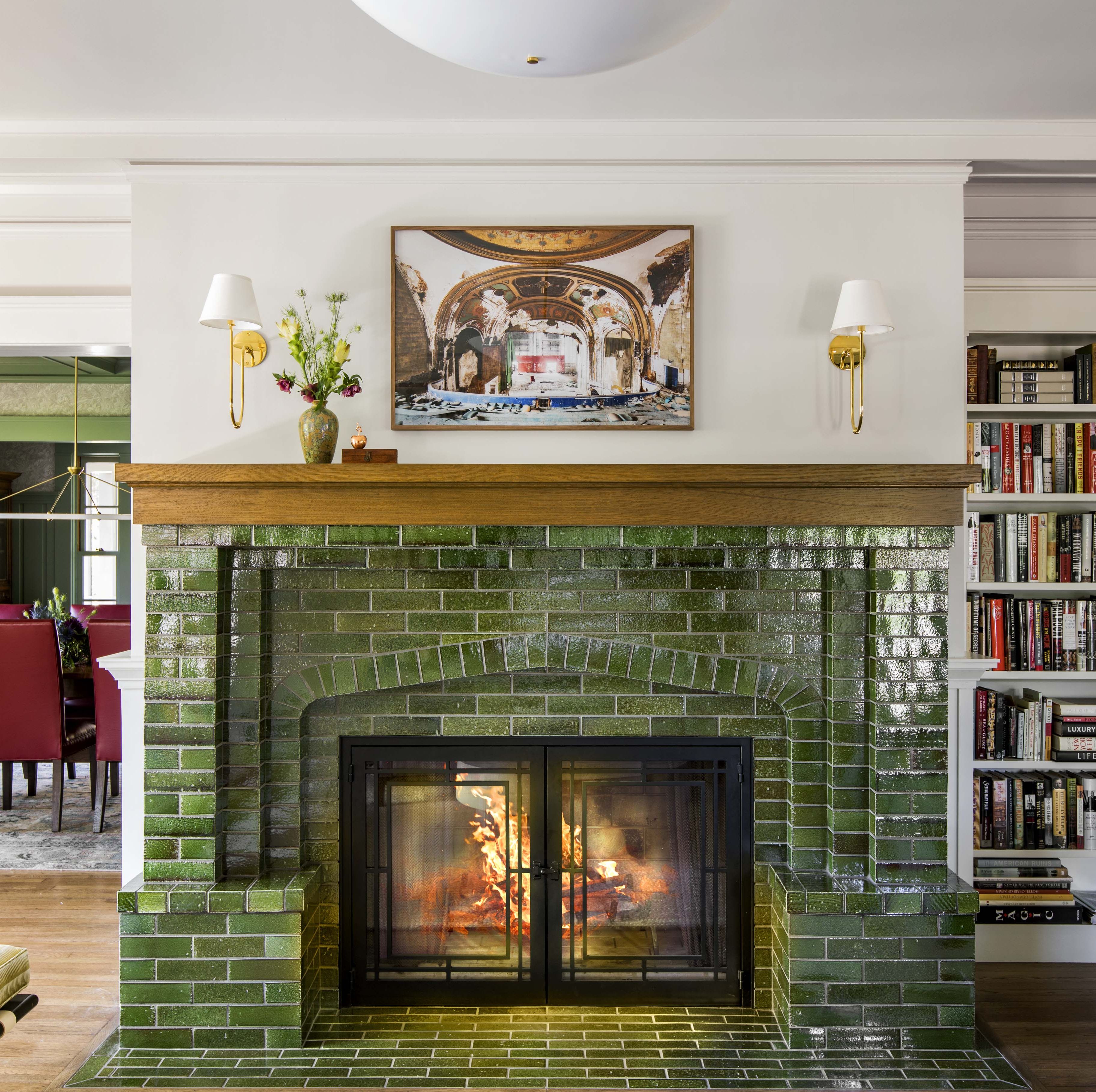 simple design fieldstone fireplace
