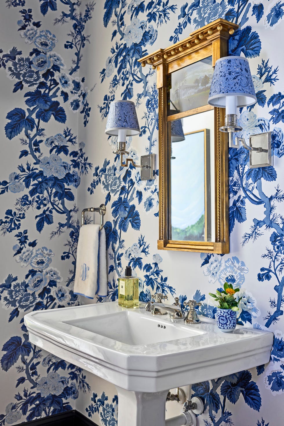 decatur, georgia home of cate dunning's grandmother powder room dunning pored over samples before settling on this schumacher wallcovering sconces circa lighting sink and faucet signature hardware mirror antique decatur, georgia home of cate dunning's grandmother powder room dunning pored over samples before settling on this schumacher wallcovering sconces circa lighting sink and faucet signature hardware mirror antique