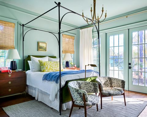 robin's egg blue bedroom with french doors