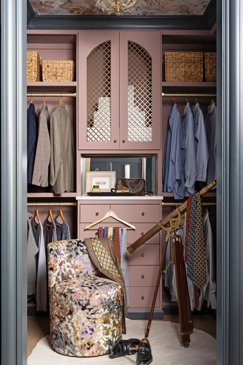 closet under the same moooi wallcovering, here in blush, is an outdoor lee industries swivel chair in velvet from s harris paint sulking room pink, farrow  ball