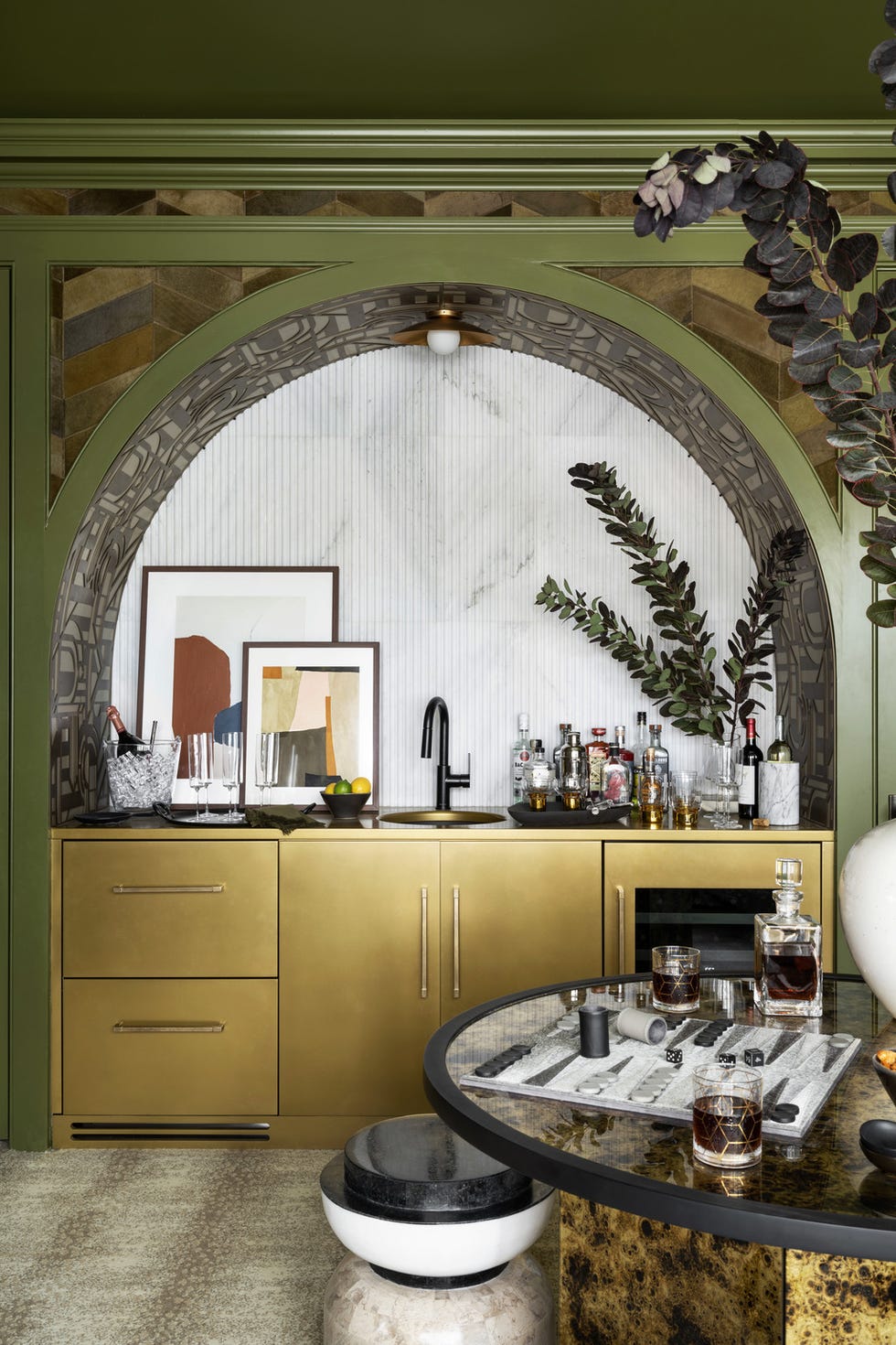 house beautiful whole home wet bar adult and kid beverages can be stored separately in convertible undercounter refrigerator drawers from signature kitchen suite a hidden smaller drawer on top is perfect for stashing away treats