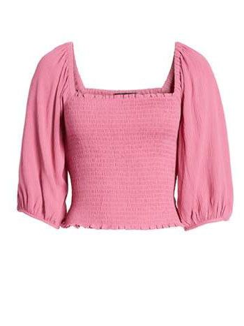 Clothing, Pink, Sleeve, Outerwear, Blouse, Crop top, Shoulder, Neck, Magenta, Top, 