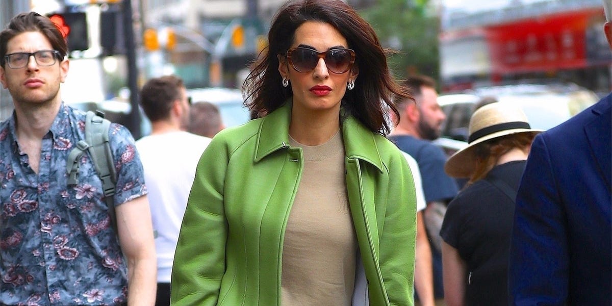 Amal Clooney Wears a Green Burberry Coat and Skirt in NYC